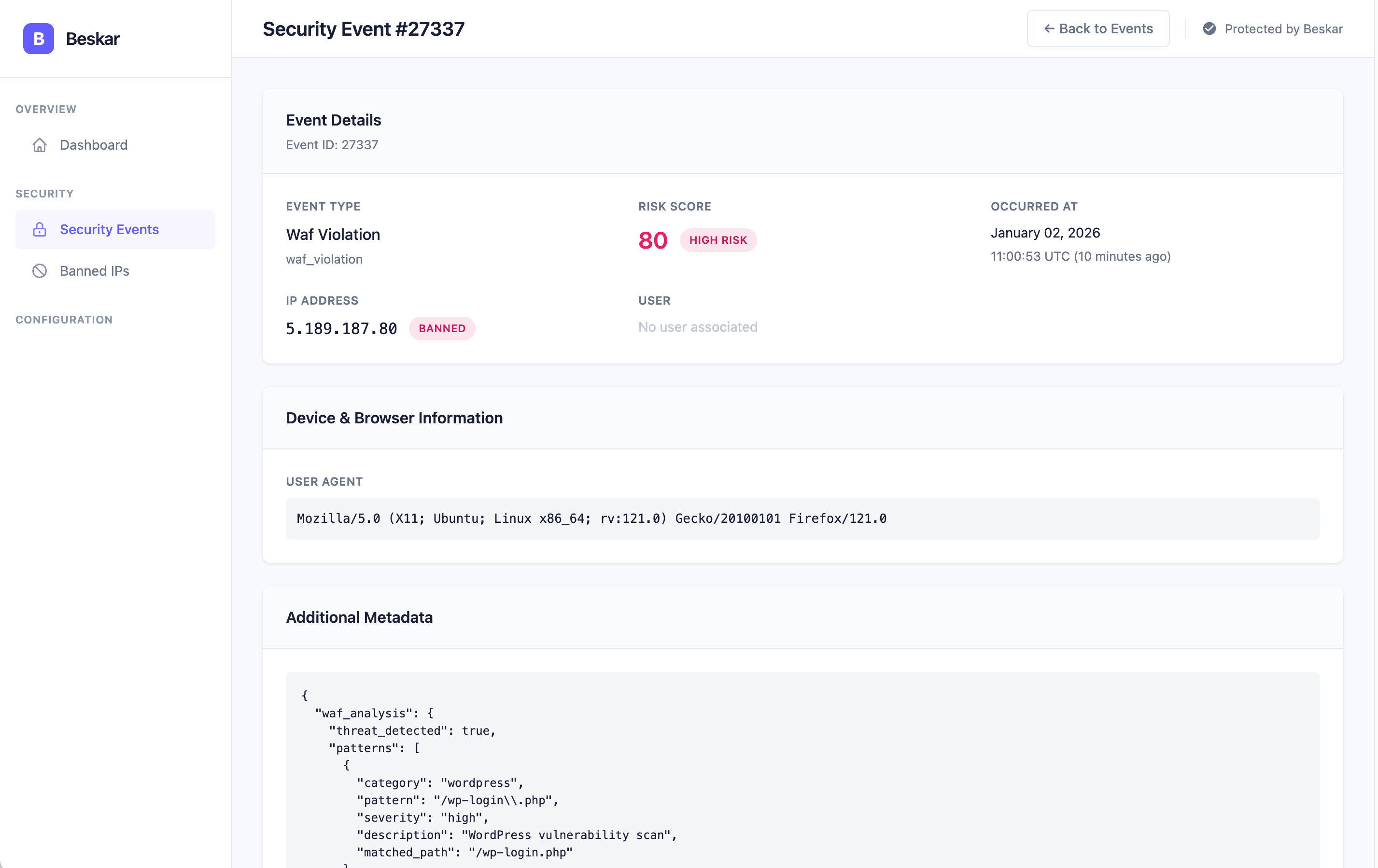 Beskar Security Event detail view showing event type, risk score, geolocation, and request details